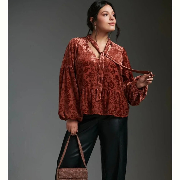 By Anthropologie Velvet Tie-Neck Blouse Size Medium - Picture 2 of 11